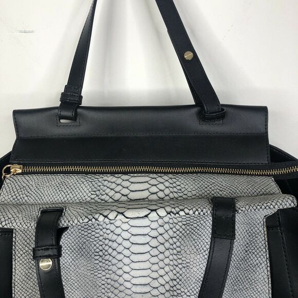 H by Halston Black Gray Smooth Leather Satchel with Snake Embossed Flap - Picture 9 of 11